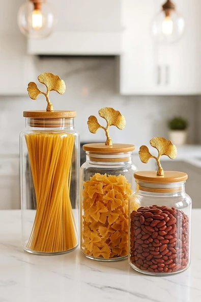 3'Lü Bambu Kapaklı Metal Ginkgo Figürlü Şeffaf Cam Kavanoz Şeffaf Cam Saklama Kabı 635/890/1400Ml ürün görseli 1