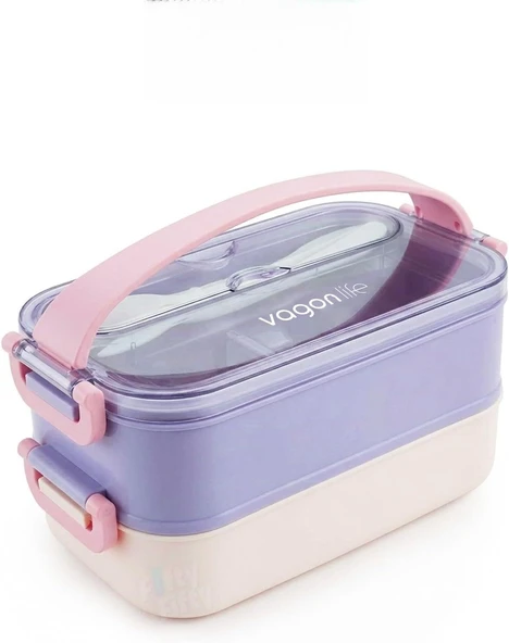 1400 Ml İki Kat Üç Bölme Paslanmaz Çelik Lunch Box Yeni Nesil Sefer Tası - Kaşıkçatallı -1400462 ürün görseli 1