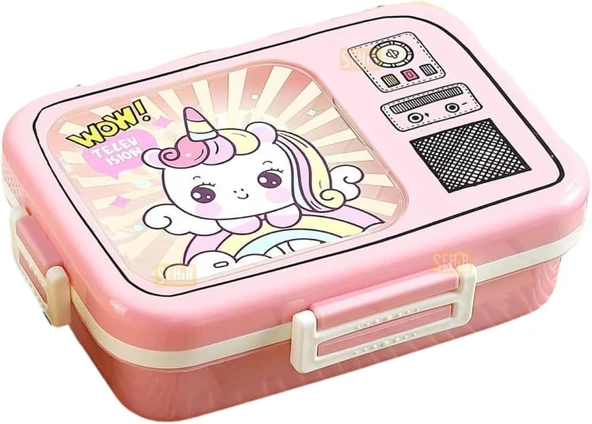 Vagonlife Bento 820Ml Lunchbox Sevimli Dostlar Tek Katlı 3 Bölmeli Paslanmaz Çelik Sefer Tası Yemek Kutusu (Pembe Unicorn) ürün görseli 1