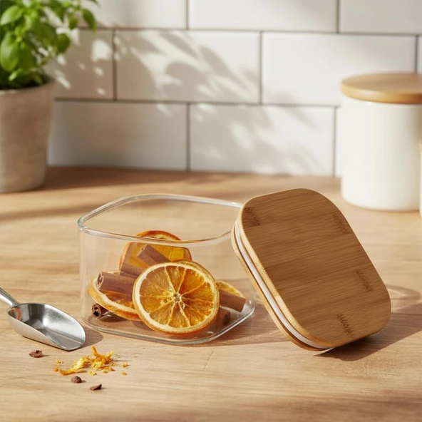 Deconox 400 Ml Bambu Kapaklı Kare Cam Saklama Kabı - Dikey Çizgili Rölyef Desenli Vakumlu Kahvaltılık Erzak Kabı (10X10X6 Cm) ürün görseli 1