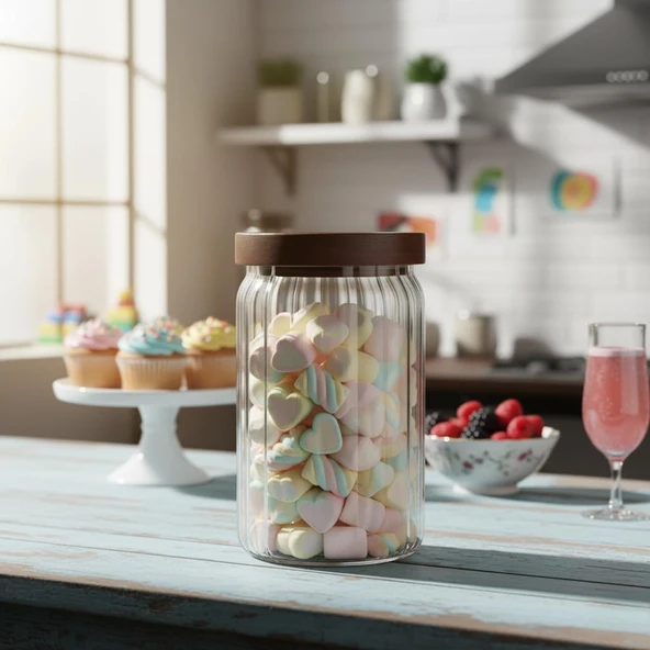 Deconox Akasya Kapaklı Çizgili Cam Kavanoz (750 Ml) | Hava Geçirmez, Fitilli Tasarım Gıda Saklama Kabı | Bakliyat, Kahve, Çay Kuruyemiş Kavanozu (9X15 Cm) ürün görseli 1