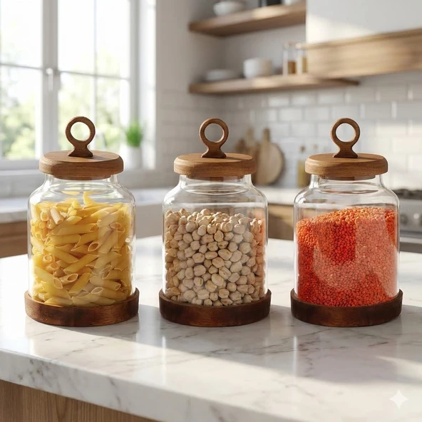 Amberhaus 3'Lü Ring Akasya Kapaklı Tabanlı Borosilikat Cam Kavanoz Seti - 1100 Ml Vakumlu Bakliyat Kurabiye Saklama Kabı (20X11.5 Cm) ürün görseli 1