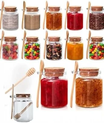 Cam Kavanoz Seti, 350 Ml, Mantar Kapaklı, Ahşap Bal Kaşığı Ile, Mutfak Saklama Kabı (1) ürün görseli 1
