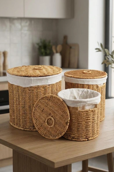 Digithome 3’Lü Kapaklı Hasır Patates Soğan Sarımsak Sepeti Sebzelik -9T05 Ş/9 ürün görseli 1