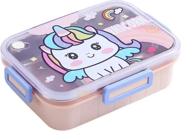 Vagonlife Bento 750Ml Lunchbox Sevimli Dostlar Tek Katlı 3 Bölmeli Paslanmaz Çelik Sefer Tası Yemek Kutusu (Pembe Unicorn) ürün görseli 1