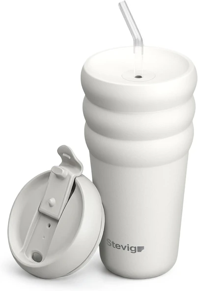 3 Bubble Two-Cap Straw Tumbler Çelik Termos 600 Ml White Stone St-249 ürün görseli 1