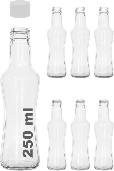 Afracam 250 Ml Şeffaf İnce Belli Kapaklı Cam Şişe 250 Cc Meşrubat Şişesi 6 Adet (Beyaz Kapak) ürün görseli 1