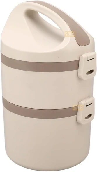 Vagonlife Bento 1800Ml Lunchbox 2 Katlı 4-6 Saat Sıcak/Soğuk Termos Özellikli Çelik Sefer Tası Yemek Kutusu (Bej) ürün görseli 1