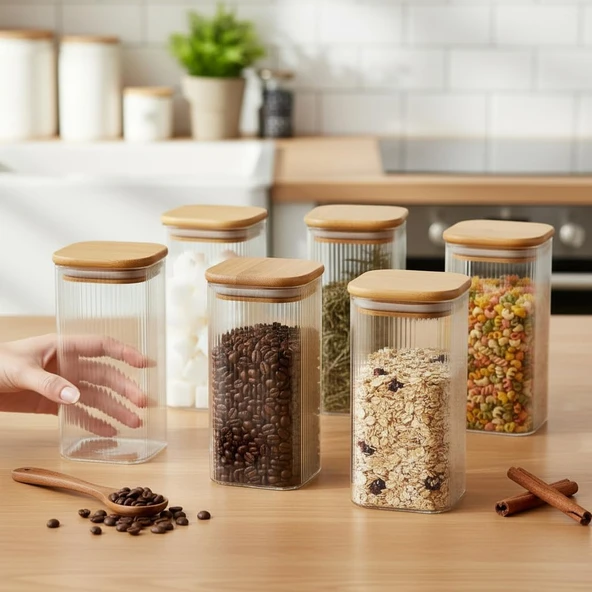 Deconox 6'Lı Set 425 Ml Bambu Kapaklı Kare Cam Kavanoz - 6X12 Cm Vakumlu Uzun Boy Şeffaf Erzak Kabı Kahve Çay Baharatlık Mutfak Düzenleyici Organizer Saklama Kutusu ürün görseli 1