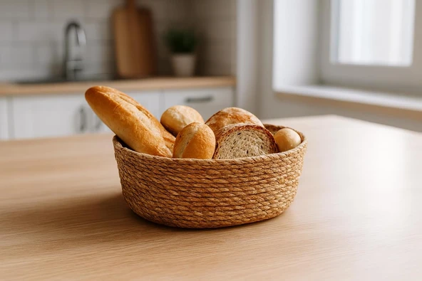 Deconox El Yapımı Hasır Ekmek Sepeti, Yıkanabilir Bez Astarlı Çok Amaçlı Oval Sunum Dekoratif Saklama Sepeti, Ekmeklik (22X16X8 Cm) ürün görseli 1