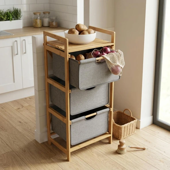 Deconox Doğal Bambu 3 Katlı Organizer Raf 43X33X98 Cm - Çok Amaçlı Banyo Mutfak Balkon Düzenleyici ürün görseli 1