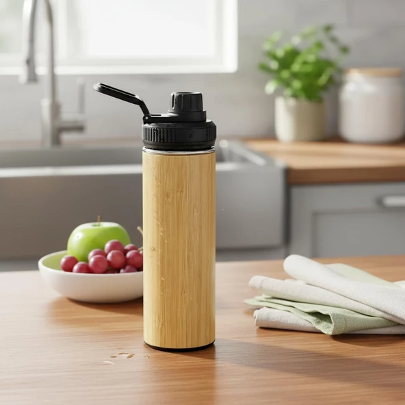 Deconox 450 Ml Bambu Kaplama Tabanlı Mat Siyah Çelik Termos - Sıcak Soğuk Tutucu Sızdırmaz Seyahat Bardağı (Mug) ürün görseli 1