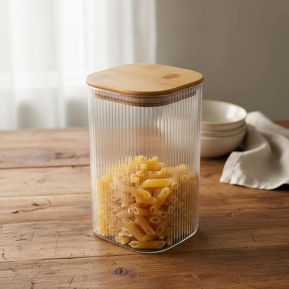 Deconox 10X20 Cm Bambu Kapaklı Kare Cam Saklama Kavanozu - Vakumlu Ekstra Uzun Boy Şeffaf Erzak Kabı Spagetti Makarna Bakliyat Kutusu Mutfak Düzenleyici Organizatör ürün görseli 1