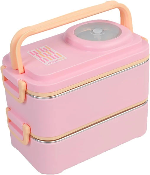 Uzspace 1200 Ml İki Kat Dört Bölme Paslanmaz Çelik Lunch Box Yeni Nesil Sefer Tası-Sos Kaseli Model-Fflbox8023 (Pembe) ürün görseli 1