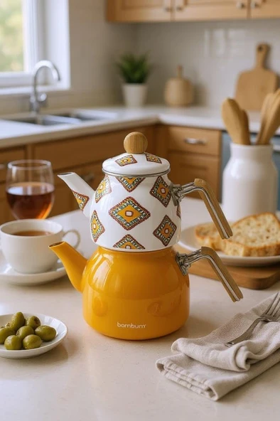 Bambum Unique - Bambu Kulplu Emaye Çaydanlık Takımı Hardal ürün görseli 1