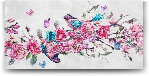 Pembe Çiçekli Dalda Kuşlar Tablosu - 60X30Cm ürün görseli 1