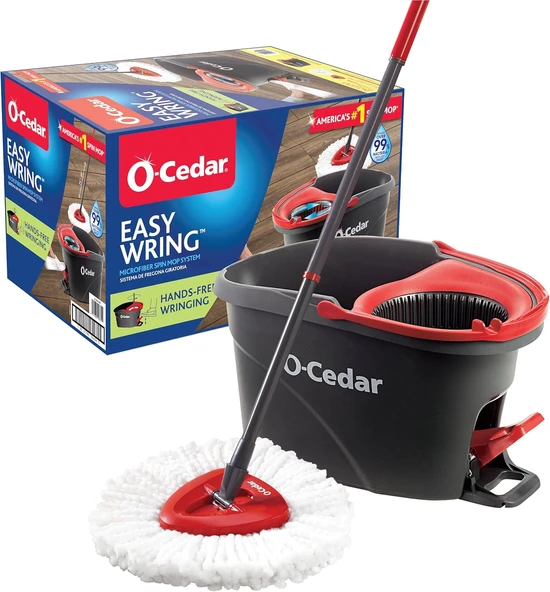 O-Cedar Easywring Mikrofiber Spin Mop, Kovalı Zemin Temizleme Sistemi, Kırmızı, Gri ürün görseli 1