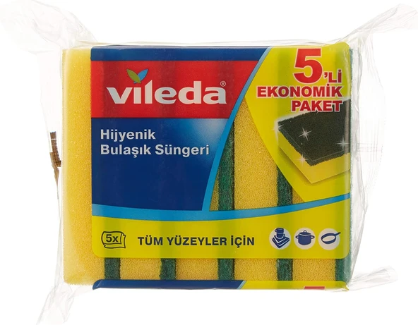 Vileda Düz Hijyenik Bulaşık Süngeri, 5'Li Ekonomik Paket, Yeşil ürün görseli 1