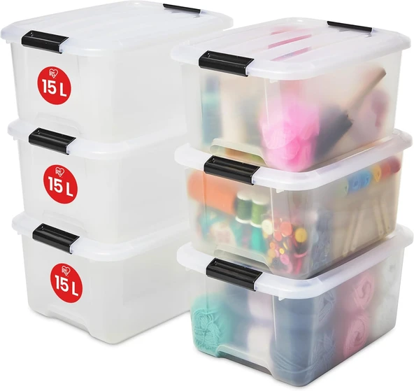 Iris Ohyama Kapaklı Plastik Saklama Kutuları, 15L, 6'Lı Set, Şeffaf ürün görseli 1