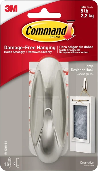 Command Büyük Tasarımcı Kanca, 5 Lbs'Ye Kadar Tutar, 2 Command Şeritli 1 Duvar Kancası, Fırçalanmış Nikel Rengi, Yaşam Alanlarında Süslemeleri Asmak Için Hasarsız Asma Kancaları ürün görseli 1