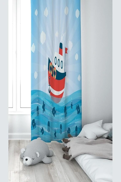 Pelangi Gemicik Desenli Dijital Baskı Yıkanabilir Bebek Çocuk Odası Fon Perdesi, Mavi-Kırmızı 70 X 240 ürün görseli 1
