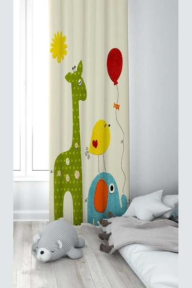 Pelangi Sevimli Hayvan Desenli Dijital Baskı Yıkanabilir Bebek Çocuk Odası Fon Perdesi, 140 X 270 ürün görseli 1