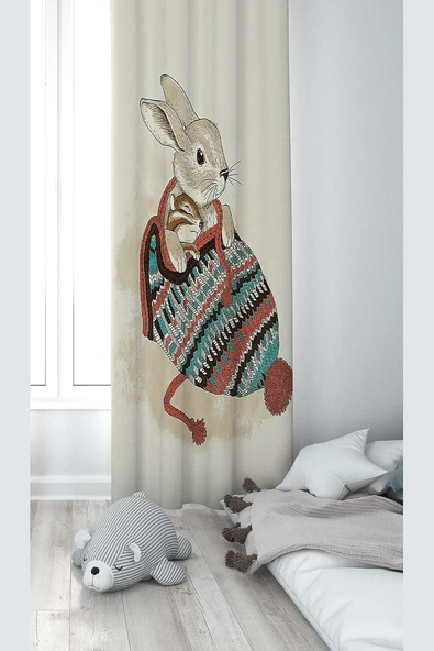 Pelangi Tavşan Desenli Dijital Baskı Yıkanabilir Bebek Çocuk Odası Fon Perdesi, Bej-Yeşil 140 X 240 ürün görseli 1