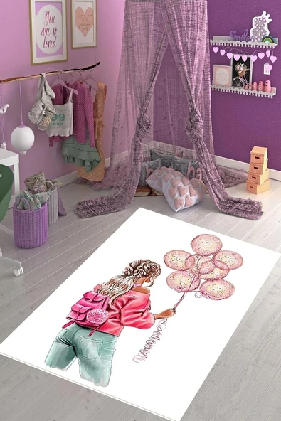 Pelangi Genç Kız Balon Desenli Çiçekli Halı Dijital Baskı Yıkanabilir Kaymaz Taban Kız Çocuk Odası Halısı, Renkli 100 X 350 ürün görseli 1