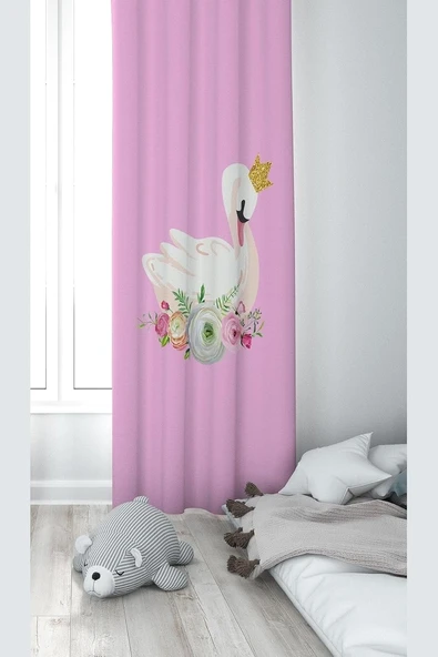 Pelangi Pembe Kuğu Desenli Dijital Baskı Yıkanabilir Bebek Çocuk Odası Fon Perdesi, Pembe-Beyaz 70 X 200 ürün görseli 1