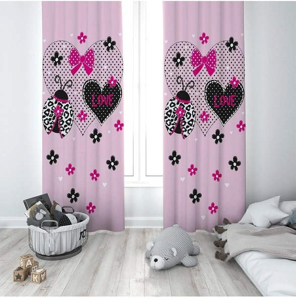 Pelangi Pembe Love Desenli Dijital Baskı Yıkanabilir Bebek Çocuk Odası Fon Perdesi, Pembe-Siyah 70 X 200 ürün görseli 1