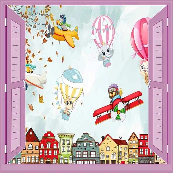 Çocuk Odası Bebek Odası Pencere Poster Duvar Kağıdı Balonlar Hayvanlar ürün görseli 1