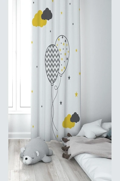 Pelangi Beyaz Balon Desenli Dijital Baskı Yıkanabilir Bebek Çocuk Odası Fon Perdesi, Beyaz 70 X 270 ürün görseli 1