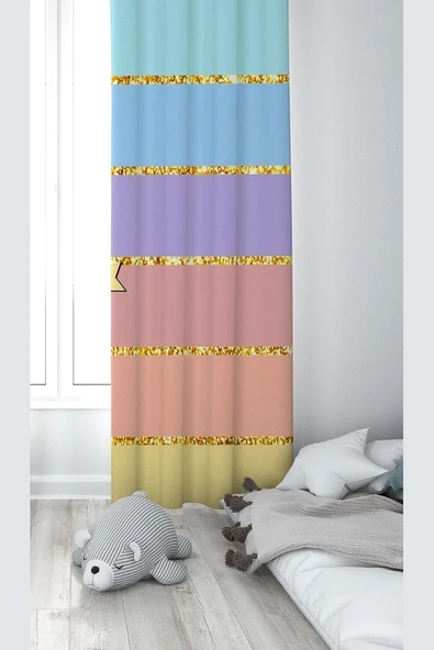 Pelangi Çok Renkli Yaldız Geçişli Dijital Baskı Yıkanabilir Bebek Çocuk Odası Fon Perdesi, Karışık Renkli 70 X 270 ürün görseli 1
