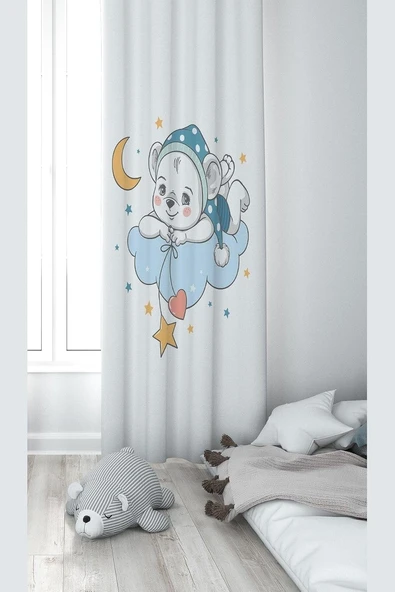 Pelangi Beyaz Ayda Uzanan Ayıcık Desenli Dijital Baskı Yıkanabilir Bebek Çocuk Odası Fon Perdesi, Beyaz-Mavi 70 X 240 ürün görseli 1