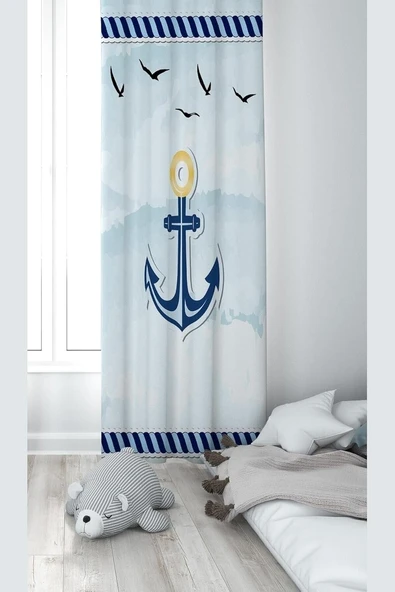 Pelangi Gemici Çapa Desenli Dijital Baskı Yıkanabilir Bebek Çocuk Odası Fon Perdesi, Mavi-Beyaz 140 X 240 ürün görseli 1