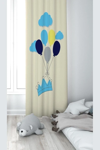 Pelangi Taç Balon Desenli Dijital Baskı Yıkanabilir Bebek Çocuk Odası Fon Perdesi, Karışık Renkli 70 X 240 ürün görseli 1