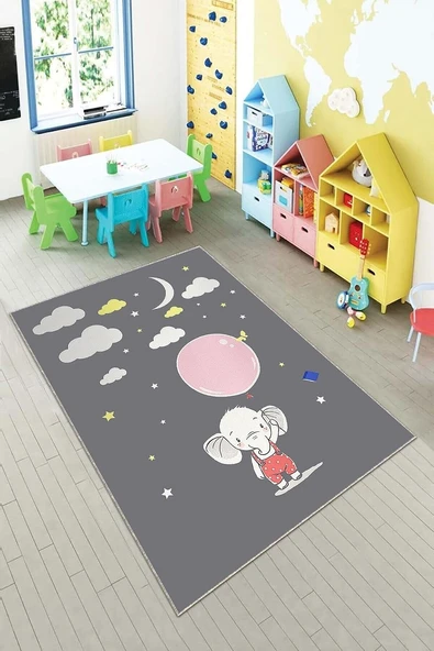 Pelangi Balon Fil Desenli Dijital Baskılı Yıkanabilir Kaymaz Taban Mutfak Halısı (Süngersi̇z), Antrasit-Pembe-Beyaz 100 X 300, 90Otc74Hng100300 ürün görseli 1