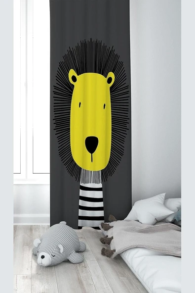 Pelangi Koyu Gri Aslan Desenli Dijital Baskı Yıkanabilir Bebek Çocuk Odası Fon Perdesi, Sarı-Gri 70 X 270 ürün görseli 1