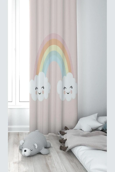 Pelangi Pembe Bulut Gök Kuşağı Desenli Dijital Baskı Yıkanabilir Bebek Çocuk Odası Fon Perdesi, Pembe 70 X 270 ürün görseli 1