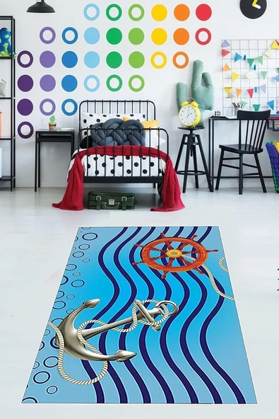 Pelangi Gemici Desenli Dümen Çapa Dijital Baskı Yıkanabilir Kaymaz Taban Çocuk Genç Odası Halısı, 130 X 180 ürün görseli 1