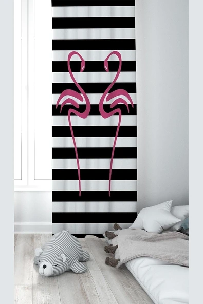 Pelangi Siyah Flamingo Desenli Dijital Baskı Yıkanabilir Bebek Çocuk Odası Fon Perdesi, Fuşya-Siyah 140 X 200 ürün görseli 1