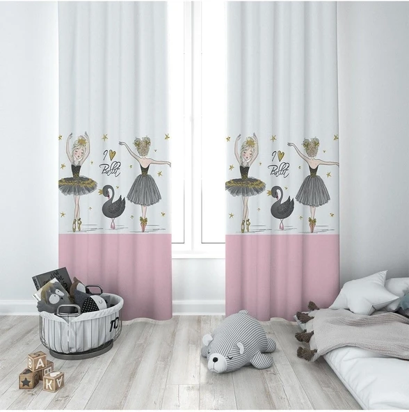 Pelangi Pembe Beyaz Balerin Desenli Dijital Baskı Yıkanabilir Bebek Çocuk Odası Fon Perdesi, Gri-Beyaz-Pembe 70 X 240 ürün görseli 1