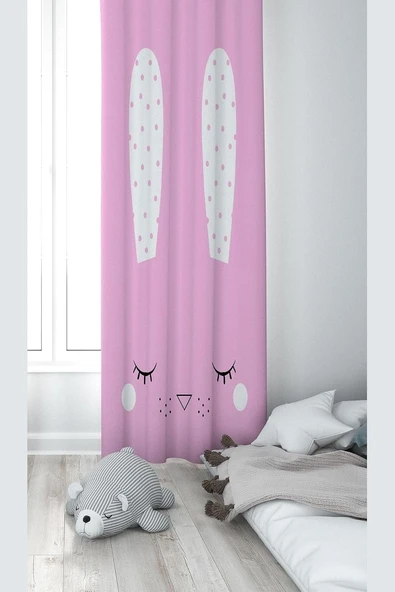 Pelangi Pembe Tavşan Desenli Dijital Baskı Yıkanabilir Bebek Çocuk Odası Fon Perdesi, Pembe-Beyaz 70 X 270 ürün görseli 1