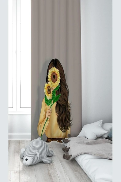 Pelangi Koyu Ayçiçeği Tutan Kız Desenli Dijital Baskı Yıkanabilir Bebek Çocuk Odası Fon Perdesi, Koyu 140 X 200 ürün görseli 1
