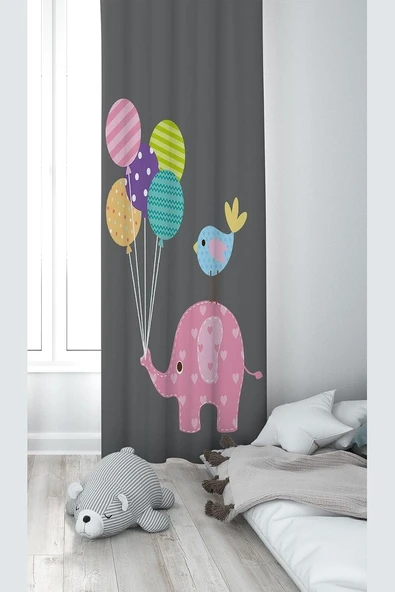 Pelangi Fil Balon Desenli Dijital Baskı Yıkanabilir Bebek Çocuk Odası Fon Perdesi, Füme 140 X 240 ürün görseli 1