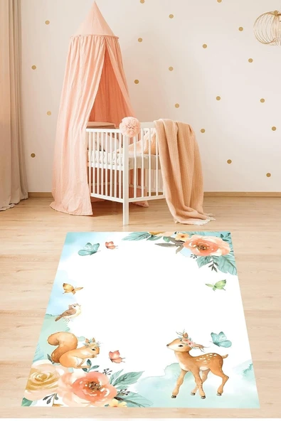 Pelangi Geyik Sincap Güller Sulu Boya Yıkanabilir Kaymaz Taban Tutmaz Çocuk Odası Halısık, Mavi-Pembe-Kahve 180 X 280 ürün görseli 1
