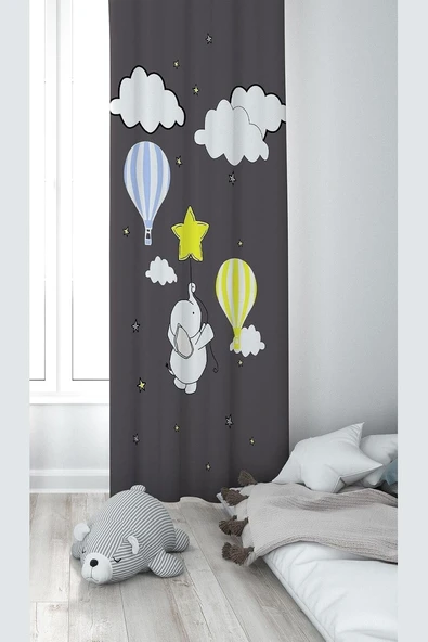 Pelangi Gri Fil Bulut Desenli Dijital Baskı Yıkanabilir Bebek Çocuk Odası Fon Perdesi, Füme 140 X 200 ürün görseli 1