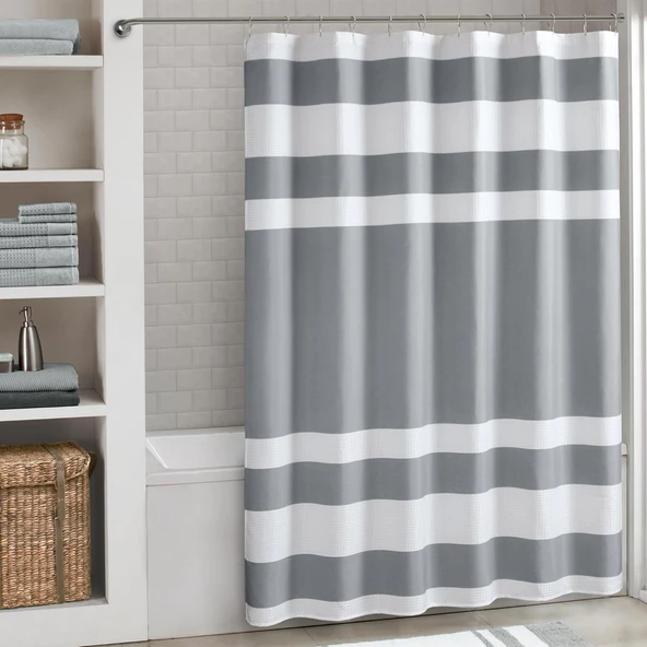 Madison Park Spa-Waffel Duş Perdesi, Masif Mikrofiber Dokuma, Scotchgard Su Geçirmez Işleme, Ev Banyo Dekorasyonları, 183 X 213 Cm, Gri ürün görseli 1