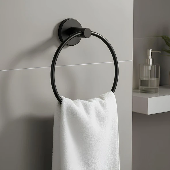 Vidalı Siyah Renkli Yuvarlak 16 Cm Banyo Mutfak Lavabo Pratik Havluluk Askılığı ürün görseli 1