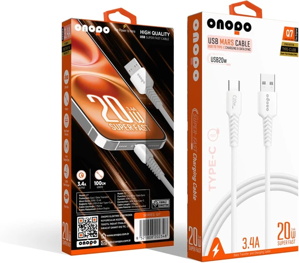 Onopo To Usb 3.4A Hızlı Data Kablosu 1 Metre - Q7 | Beyaz Kablo ürün görseli 1